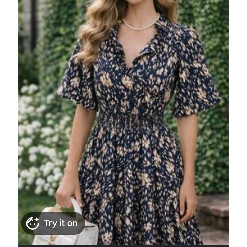 THML Navy Blue Cream Abstract Print Smocked Waist Tiered Mini Dress Medium Boho